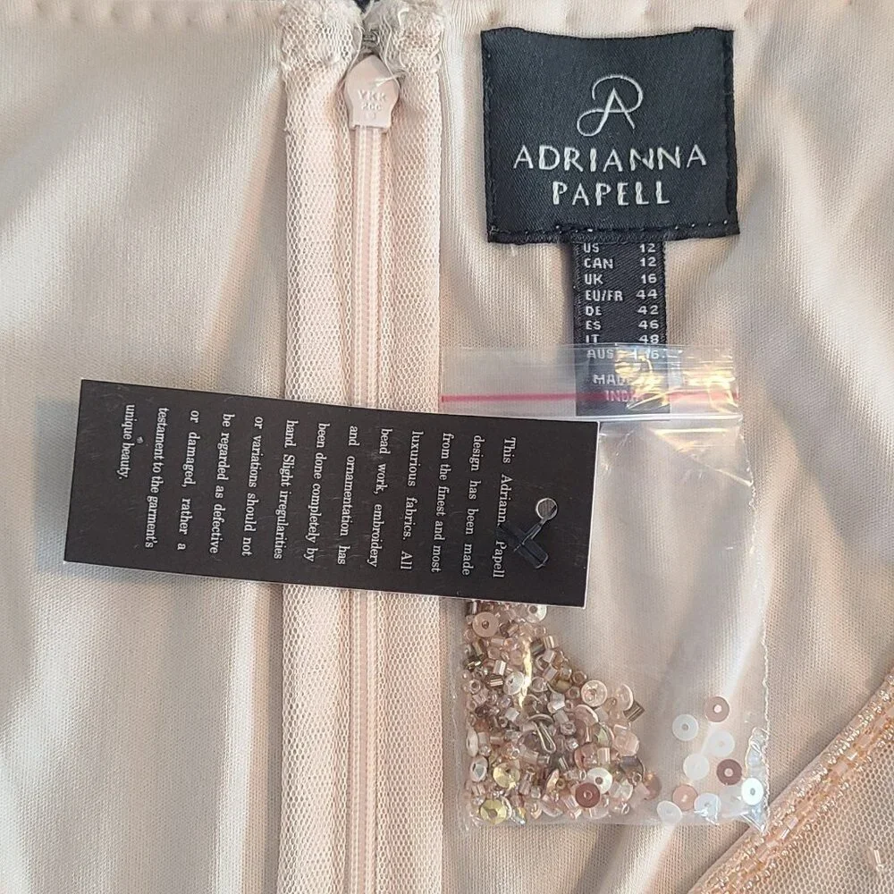 Adrianna Papell NWT Blush Beaded Art Deco Mesh V-Neck Cocktail Midi Dress 12